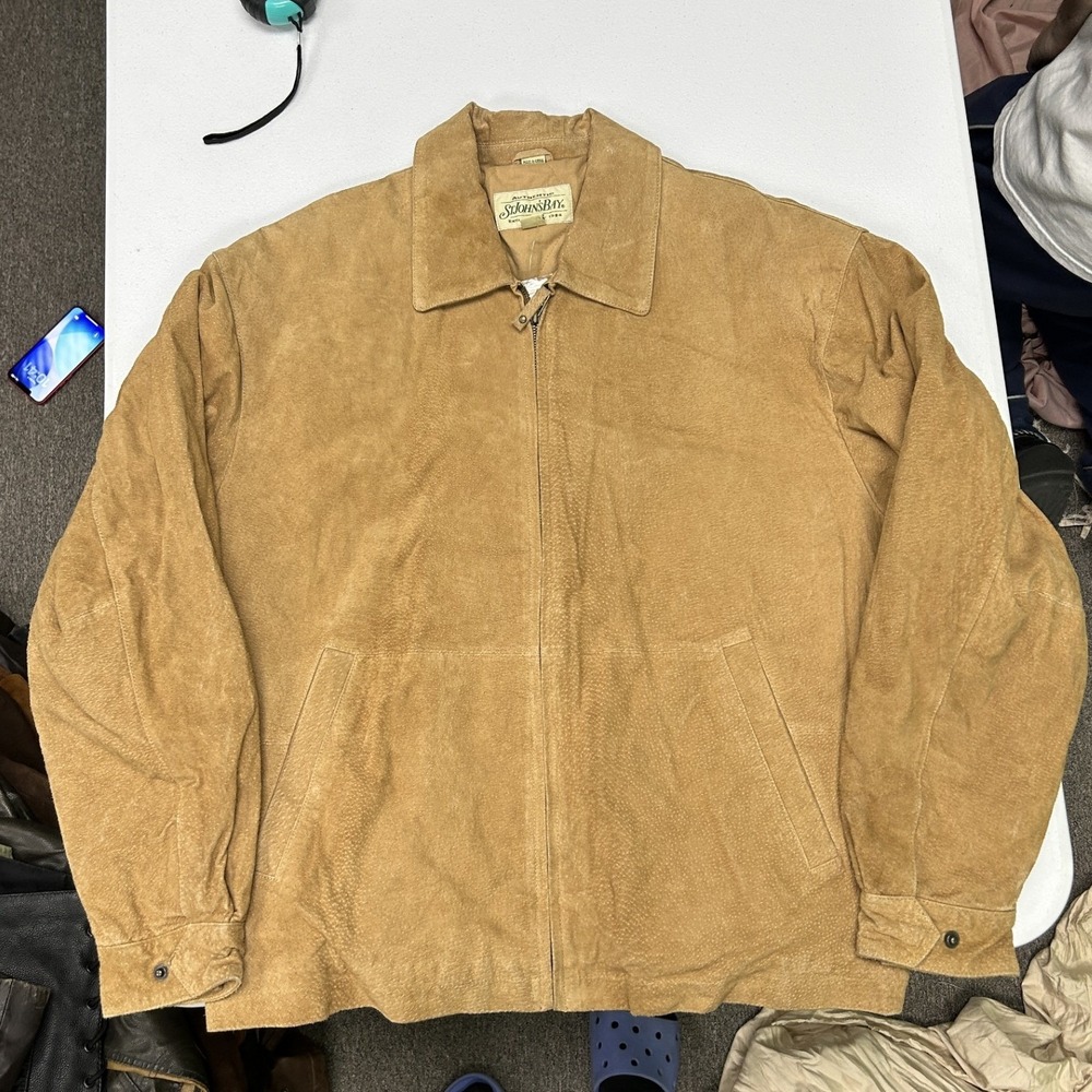 St. John's Bay Suede Jacket Mens Large Tan Genuine Leather Full Zip Harrington